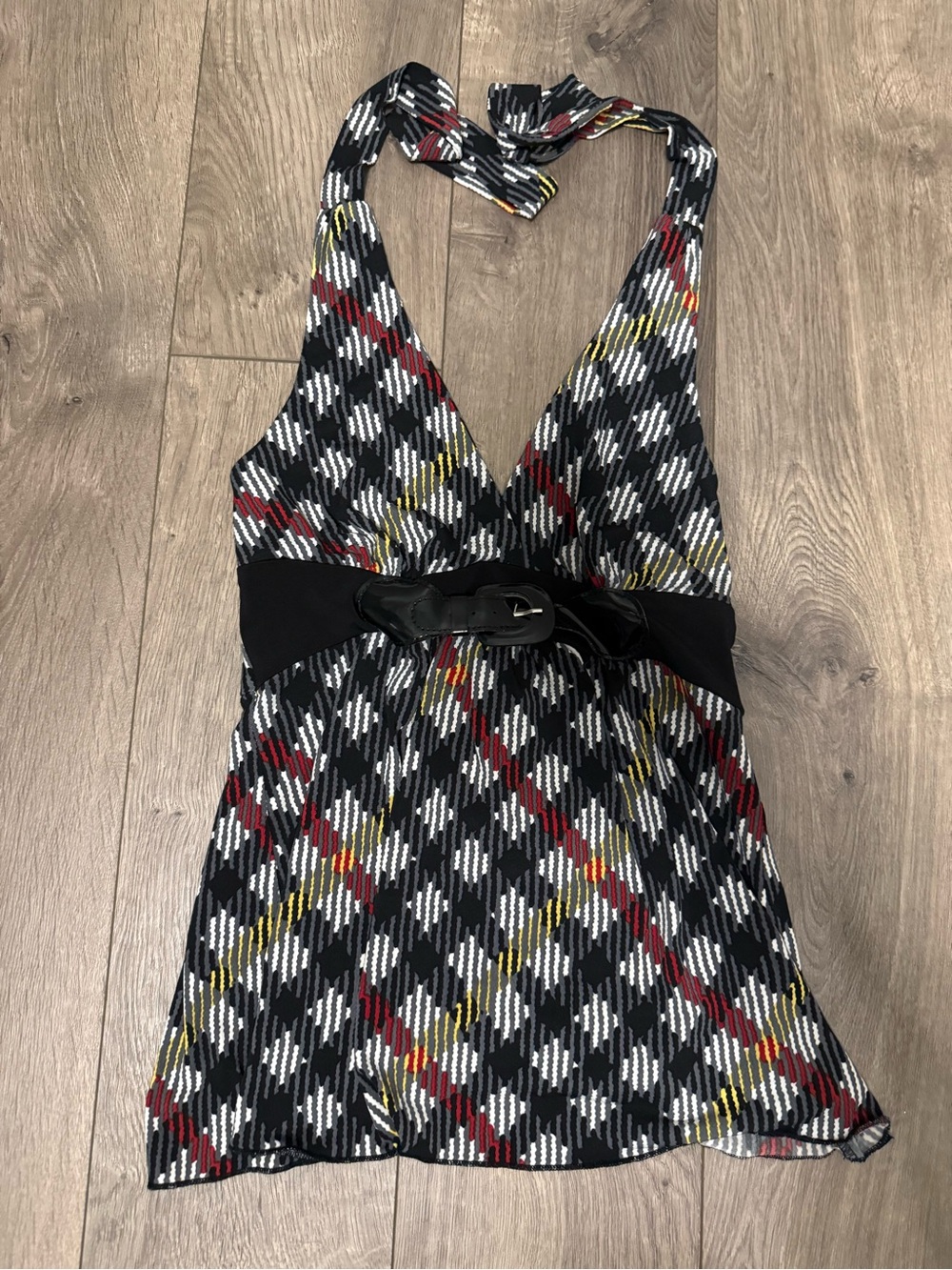 Candie's Black Plaid Halter Tank with Buckle Waist